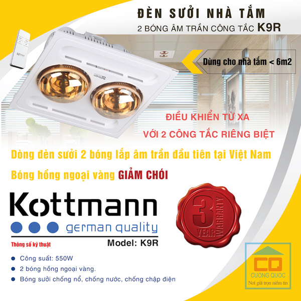 Đèn sưởi nhà tắm 2 bóng âm trần Kottmann K9R