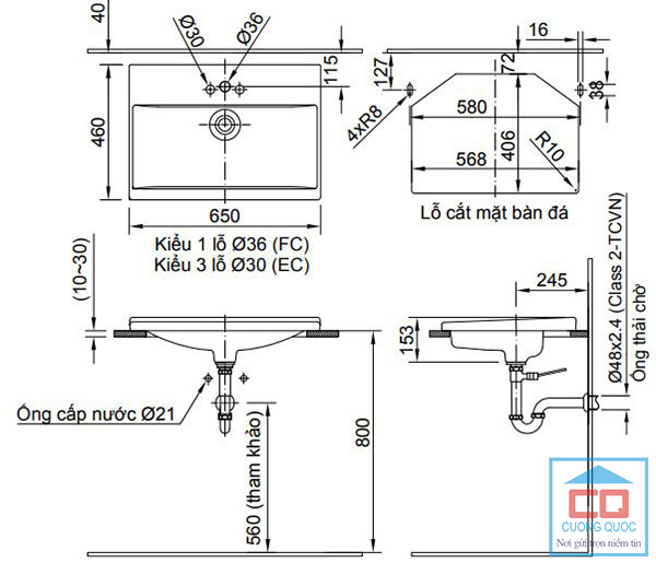 Bản vẽ kỹ thuật của chậu rửa lavabo Inax AL-2397V (EC/FC) dương vành