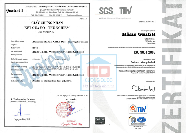 Chứng nhận chất lượng đèn sưởi Hans