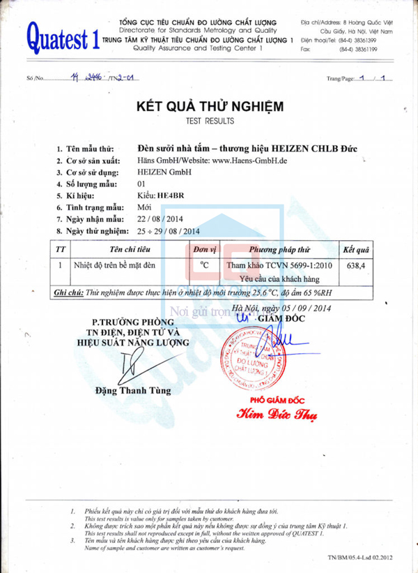 Chứng nhận chất lượng đèn sưởi Heizen