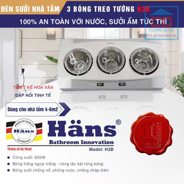 Đèn sưởi ấm nhà tắm 3 bóng treo tường Hans H3B