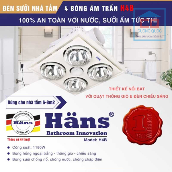Đèn sưởi ấm nhà tắm 4 bóng âm trần Hans H4B