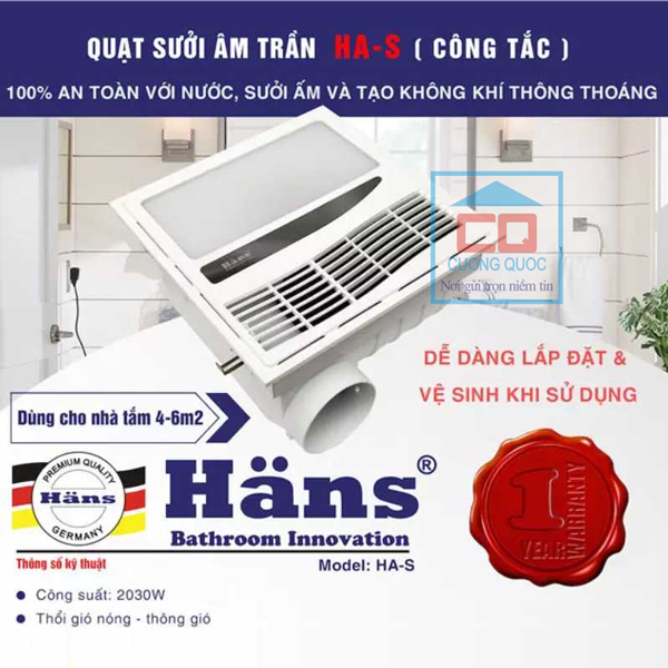 Quạt thông gió kèm sưởi ấm nhà tắm Hans HA-S