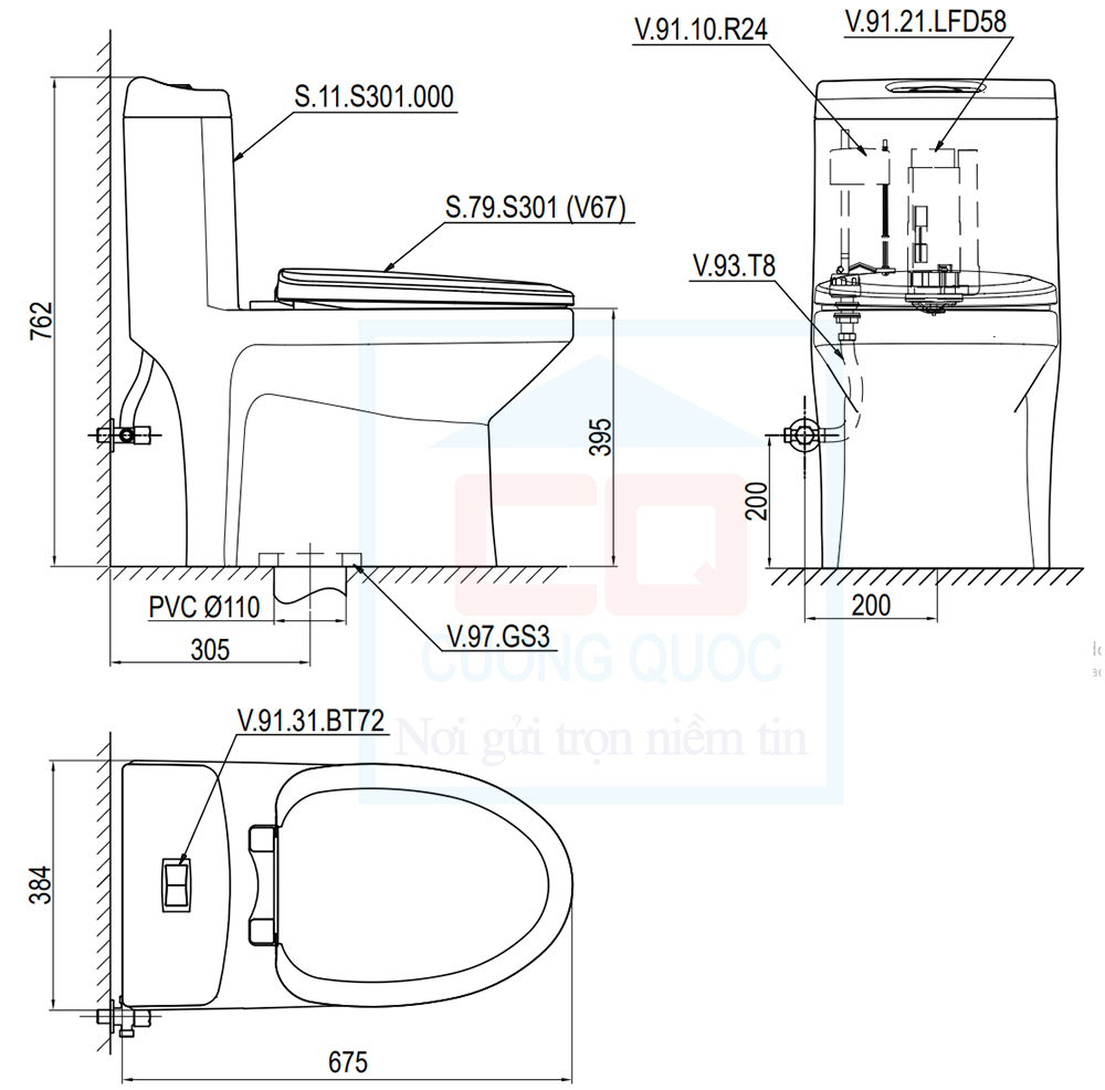 Bản vẽ kỹ thuật bàn cầu Sanfi S301