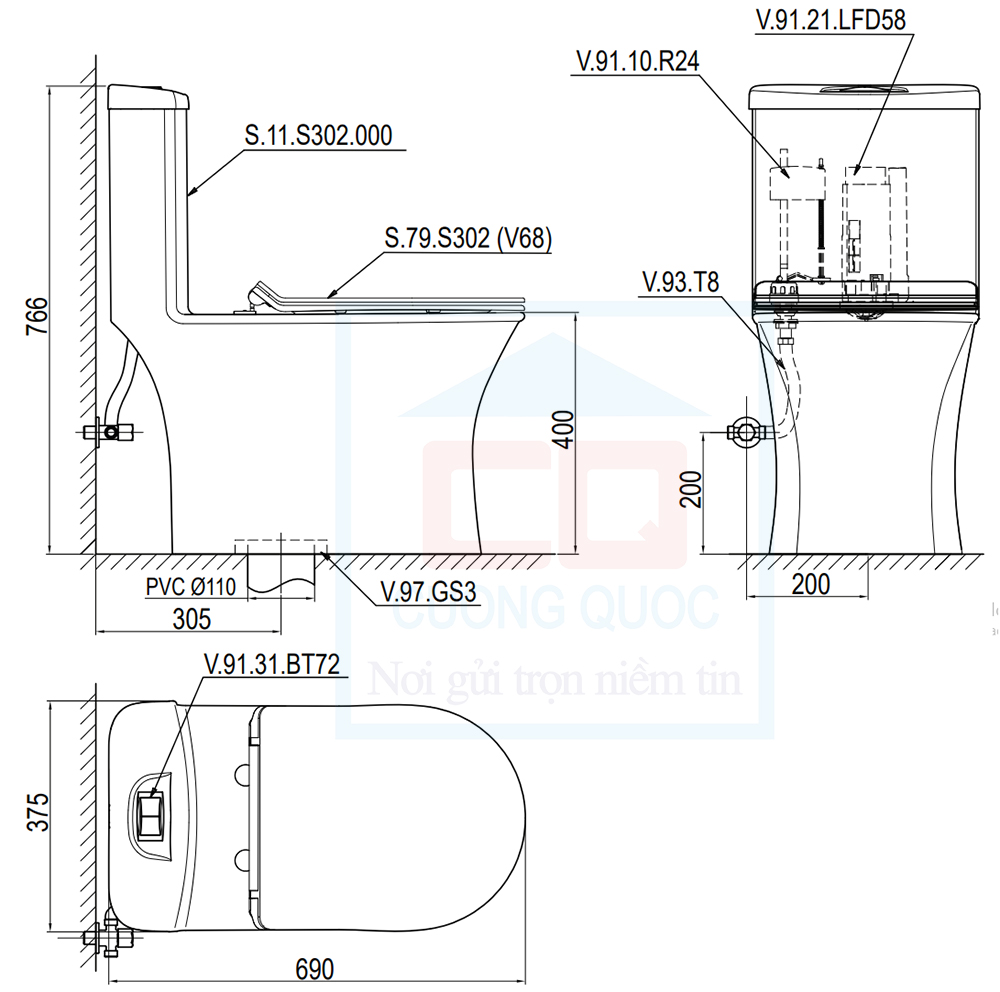 Bản vẽ kỹ thuật bàn cầu Sanfi S302