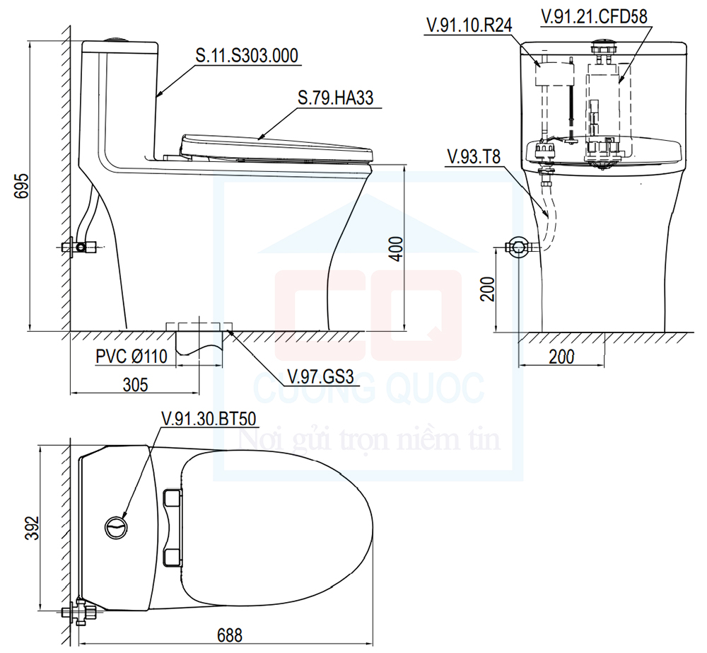 Bản vẽ kỹ thuật bàn cầu Sanfi S303