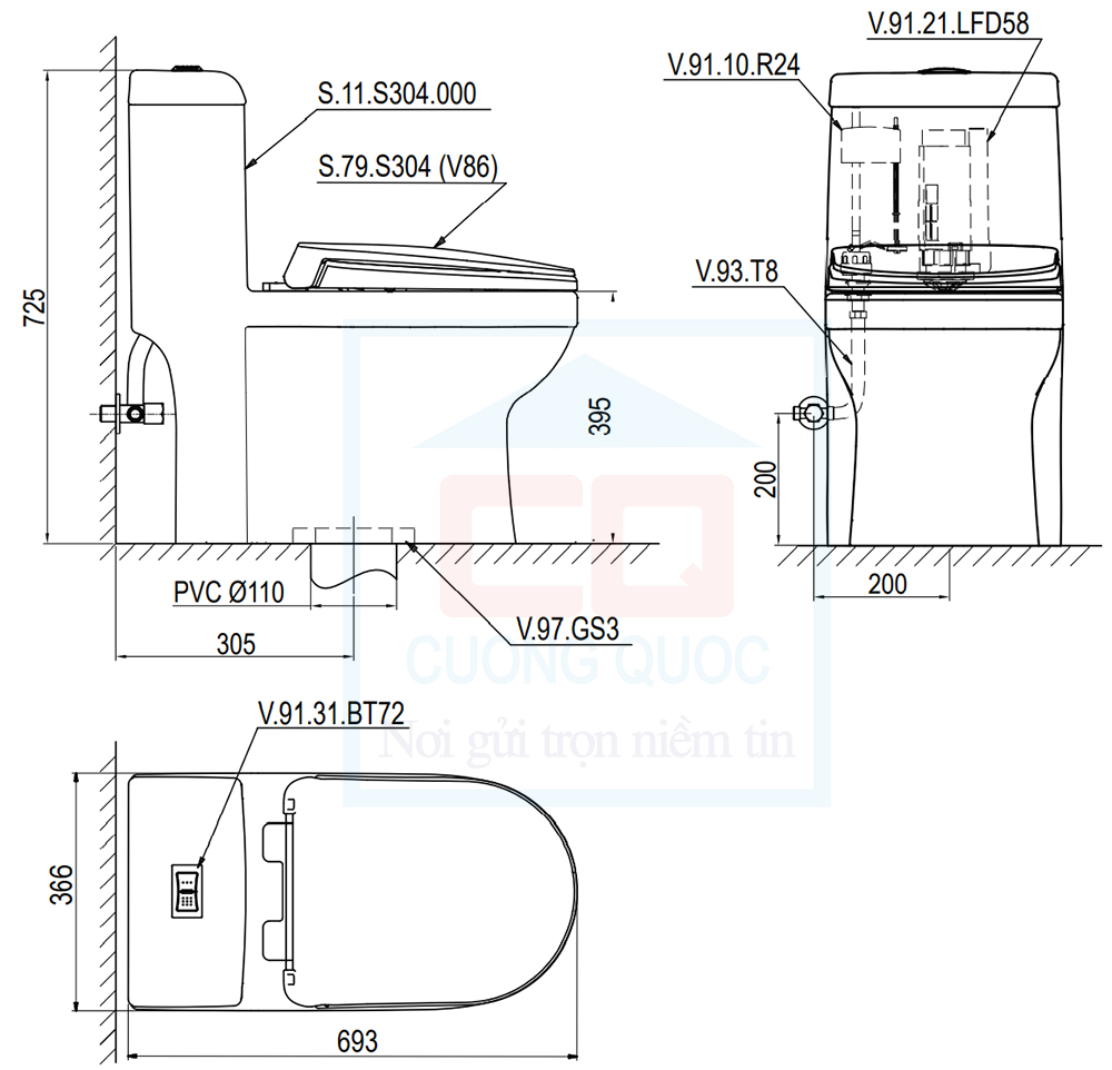 Bản vẽ kỹ thuật bàn cầu Sanfi S304