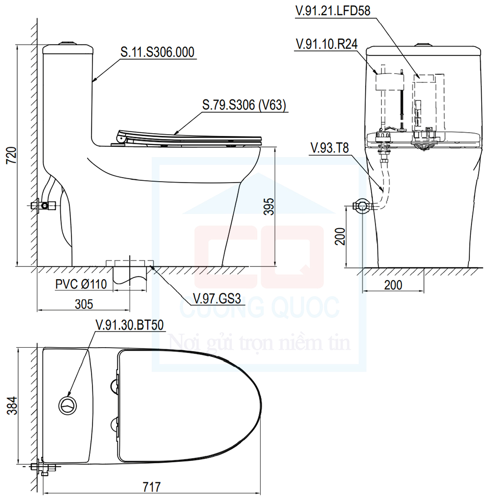 Bản vẽ kỹ thuật bàn cầu Sanfi S306