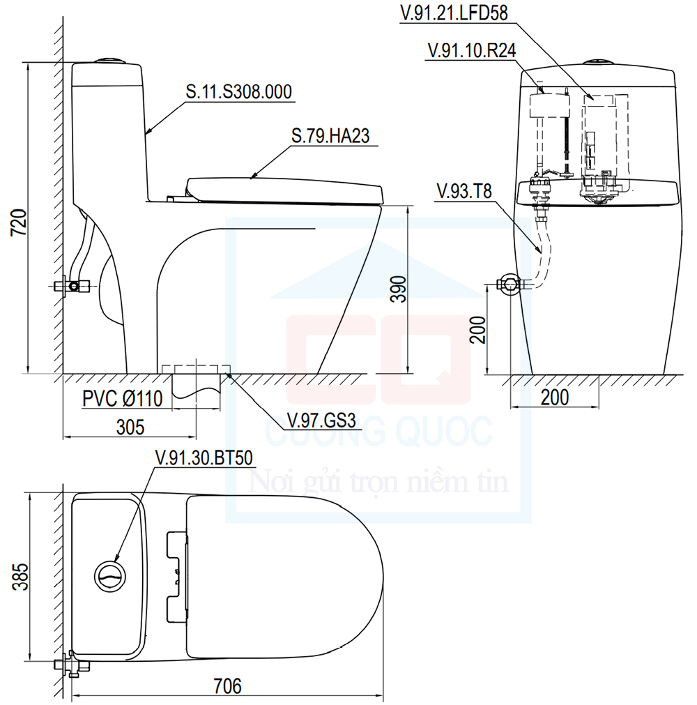 Bản vẽ kỹ thuật bàn cầu Sanfi S308