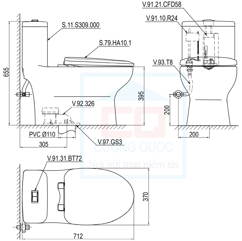 Bản vẽ kỹ thuật bàn cầu Sanfi S309