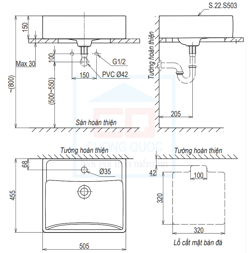 Bản vẽ kỹ thuật chậu lavabo Sanfi S503