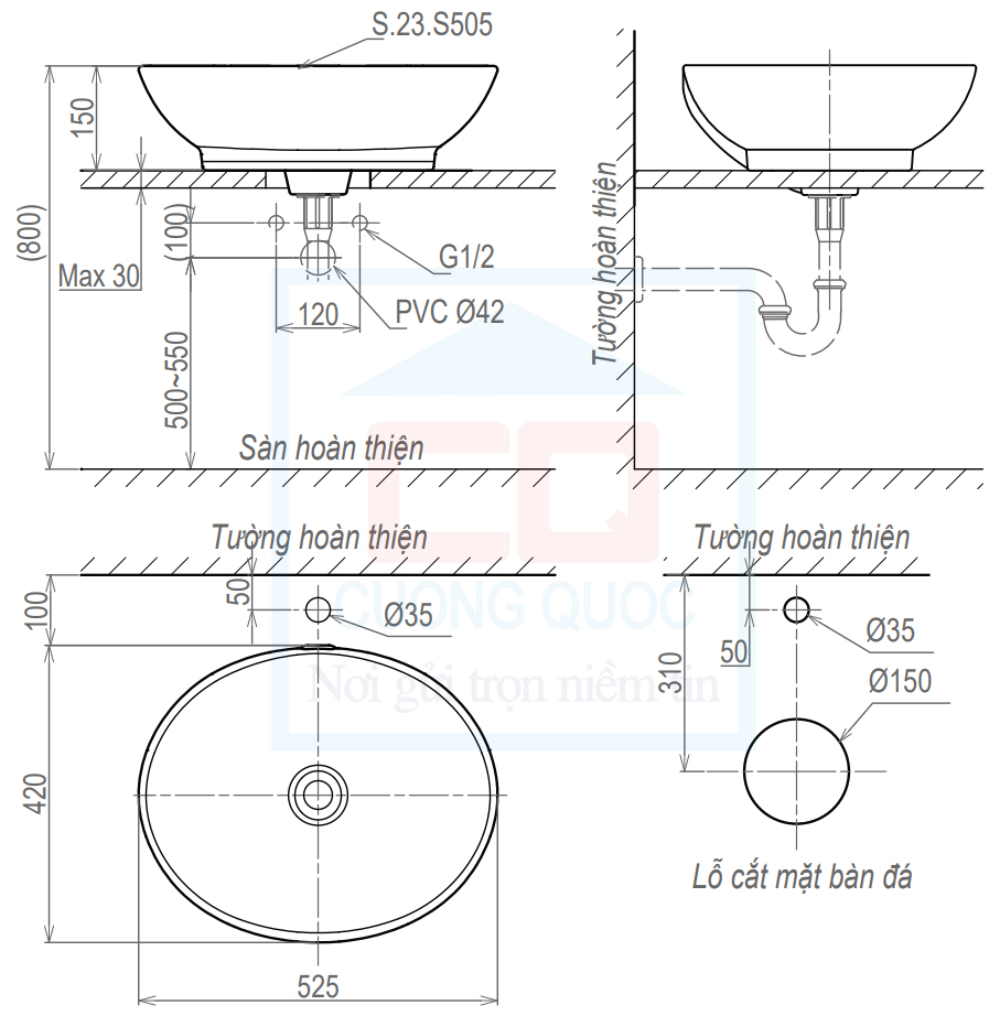 Bản vẽ kỹ thuật chậu rửa Sanfi S505