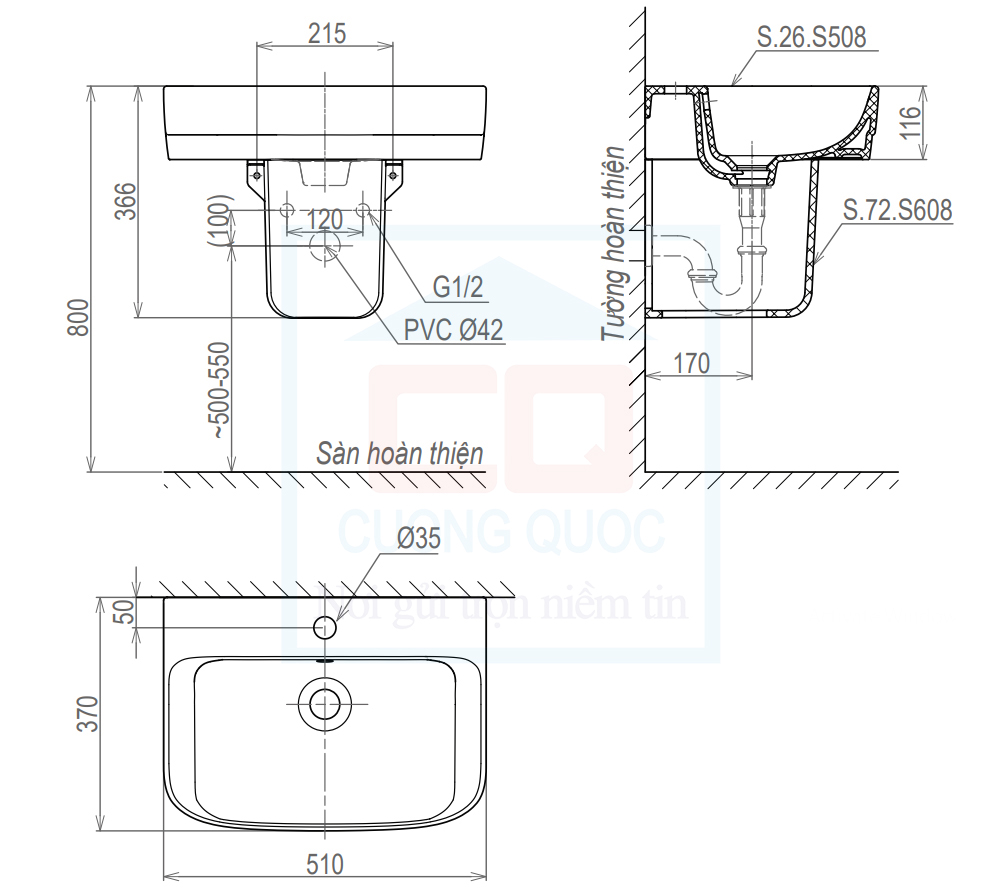 Bản vẽ kỹ thuật chậu rửa Sanfi S508