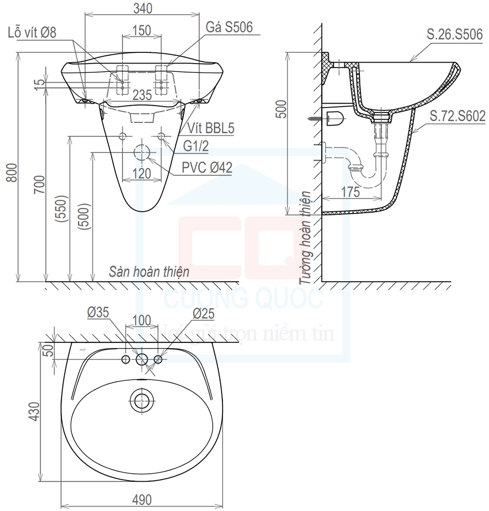 Bản vẽ kỹ thuật chậu treo tường Sanfi S506+S602