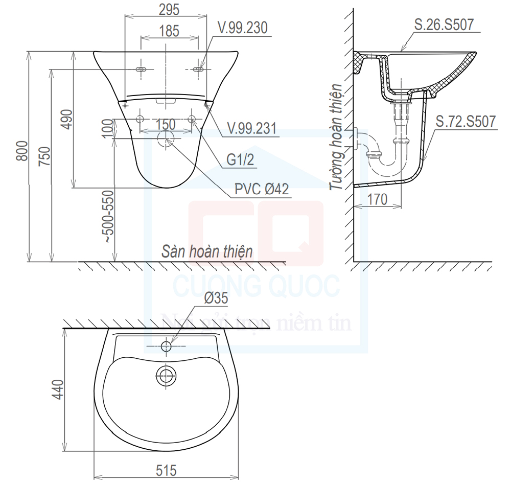 Bản vẽ kỹ thuật chậu treo tường Sanfi S507