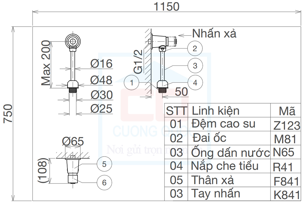 Bản vẽ kỹ thuật van xả tiểu Sanfi SF841